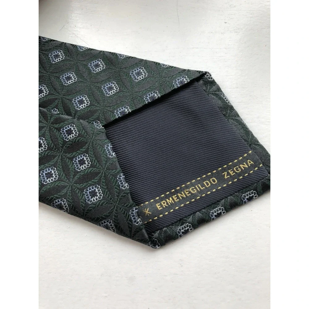Ermenegildo Zegna Silk Tie Men's Gray Green Geometric Pattern Italy Classic